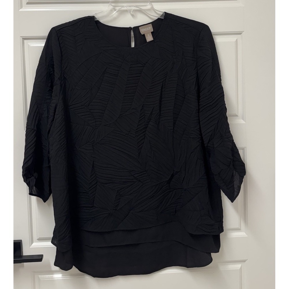 Chicos Black Blouse Hi Lo Hem Lined Textured Top Size 3 XL 16
